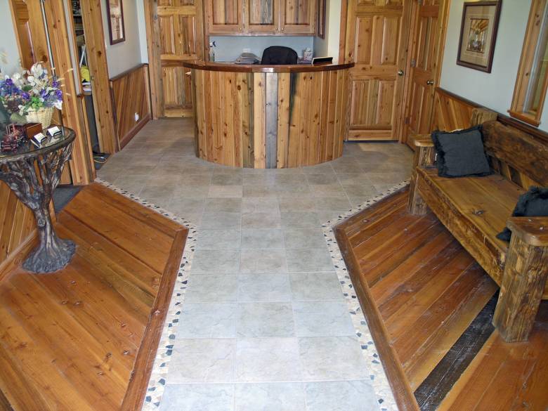 TWII Flooring and Lumber / The flooring of Trestlewood's Blackfoot office entryway is TWII C-S; the desk area is TWII lumber